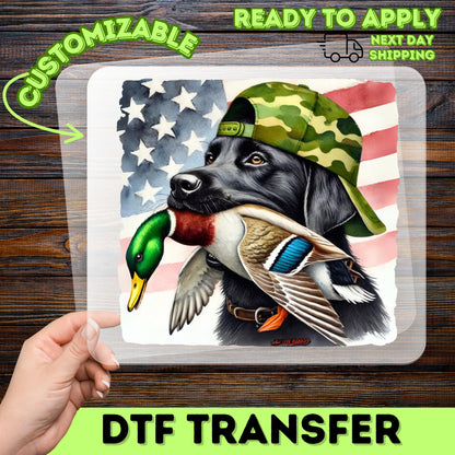 Realistic Hunting Dog with Duck DTF Transfer, Patriotic Labrador Iron-On for Outdoor Enthusiasts Apparel, Perfect for Hunting Shirts & Hoodies