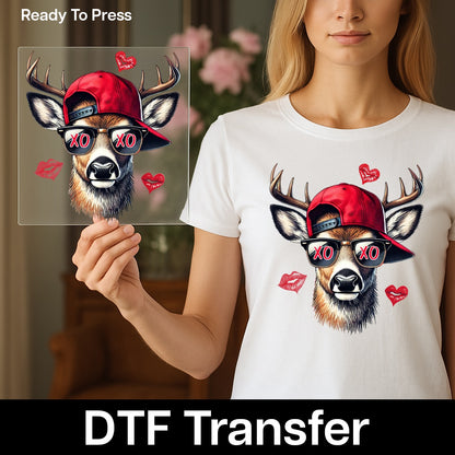 Funny Valentine Stag DTF Transfer for T-Shirts & Hoodies - Quirky Animal XO Love Ready To Press for Couples & Friends