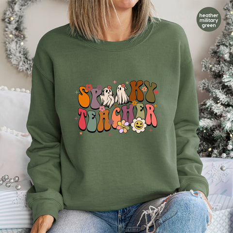Ready to Press Spooky Teacher Halloween DTF Transfer Ghost & Retro Floral Apparel for Fun Classroom Vibes