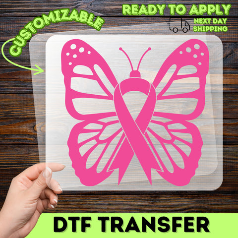 Pink Ribbon Butterfly DTF Transfer for Breast Cancer Awareness Apparel & Support Events
