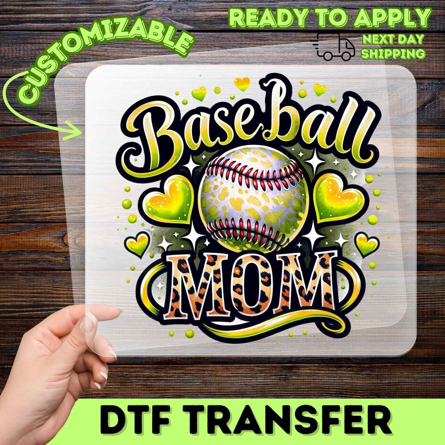 Ready to Press DTF Transfer Baseball Mom Heart Leopard Print for Sporty Apparel