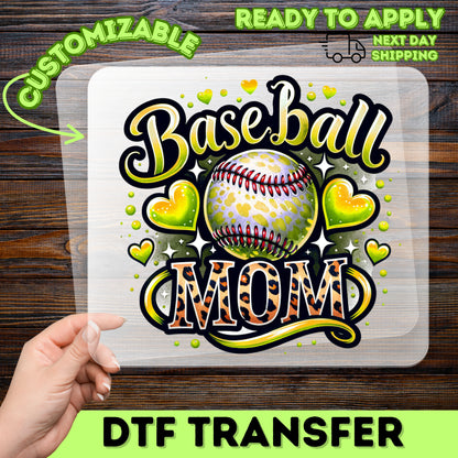 Ready to Press DTF Transfer Baseball Mom Heart Leopard Print for Sporty Apparel