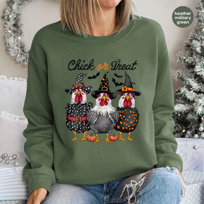 Iron-On Funny Halloween Chick or Treat DTF Transfer for T-Shirts & Apparel - Cute Witch Chicken Ready To Press Design