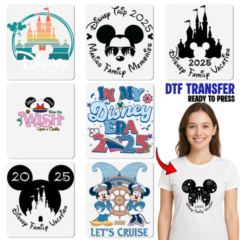 Magical Vacation DTF Transfer Mouse Silhouette & Castle Sunglasses Apparel T-Shirt for Family Theme Park Fun