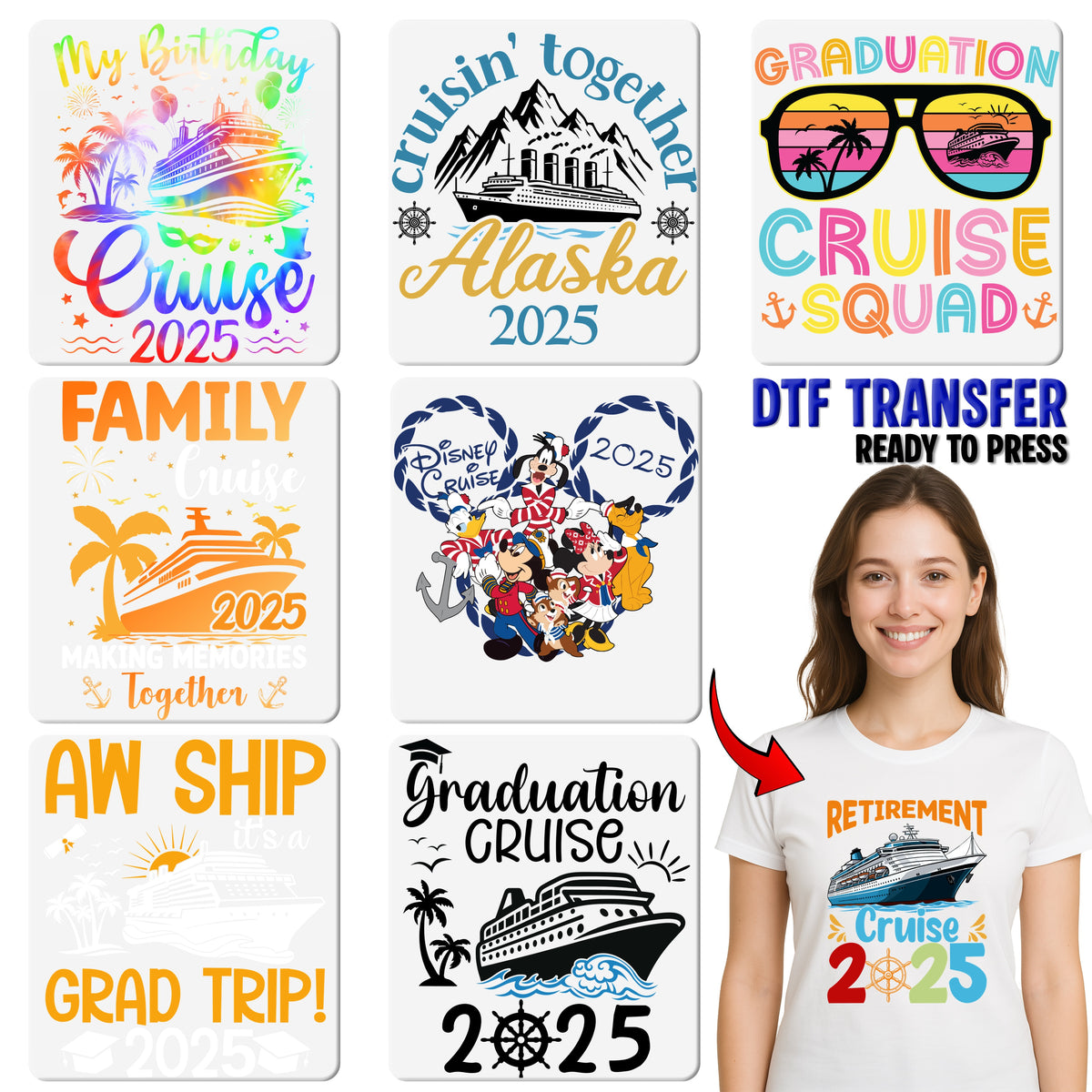 Family Vacation 2025 DTF Transfer - Cute Retro Summer Beach Trip Iron-On for Matching Group Apparel & T-shirts