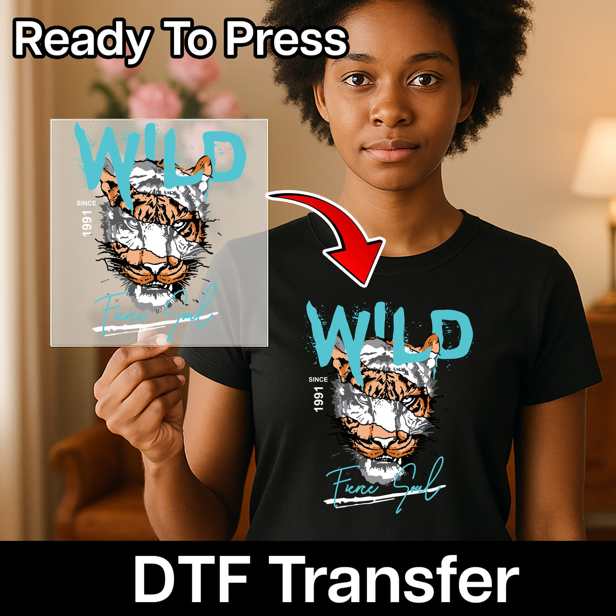 Wild Animal Strength Tiger Face DTF Transfer for Bold & Empowering Tees, Perfect for Adults Apparel Iron-On