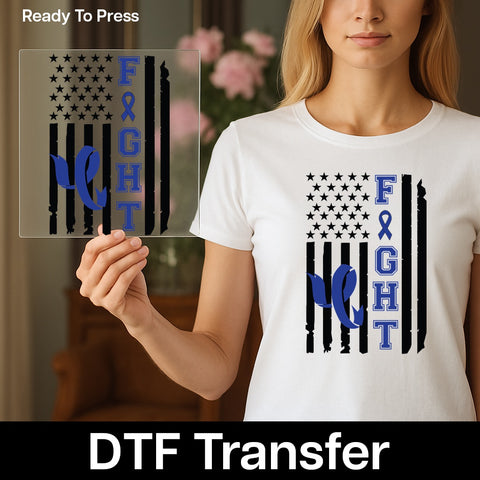 Support & Awareness Blue Ribbon FIGHT American Flag DTF Transfer for T-Shirt Apparel, Law Enforcement & Cancer Awareness