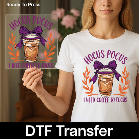 Cute Halloween Hocus Pocus Coffee DTF Transfer Ready To Press Iron-On Apparel Women Shirt