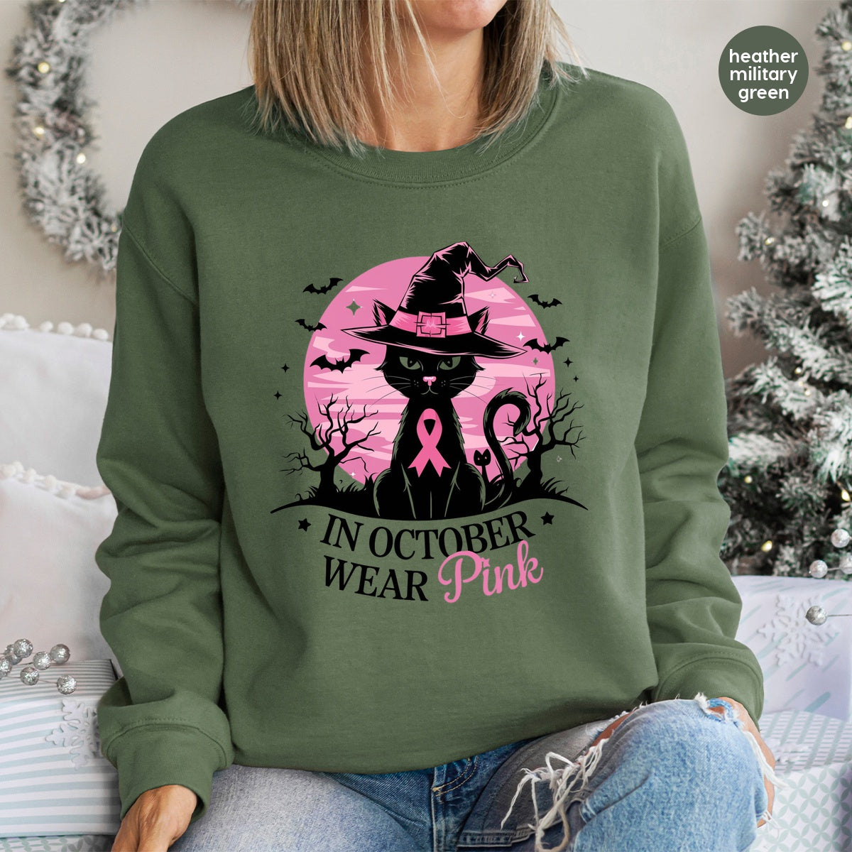 Black Cat Witch Hat Pink Ribbon Halloween DTF Transfer Iron-On for T-Shirt Breast Cancer Awareness Apparel