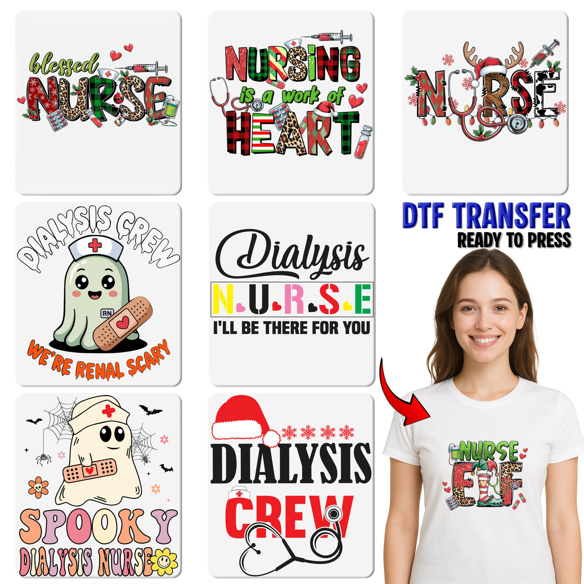 Festive Nurse Leopard Santa Hat DTF Transfer Iron-On Ready to Press Christmas Nurse T-Shirt Apparel