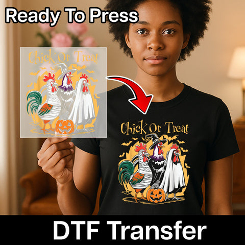 Chick Or Treat Funny Halloween Chicken DTF Transfer Ready To Press Iron-On for Shirts & Hoodies Cute Holiday Apparel