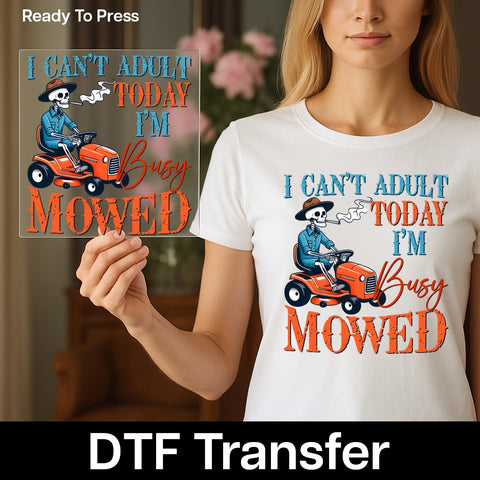 Funny Halloween skeleton riding lawnmower dtf transfer, ready to press iron-on for dads t-shirt & sweatshirt, adulting Father's Day gift