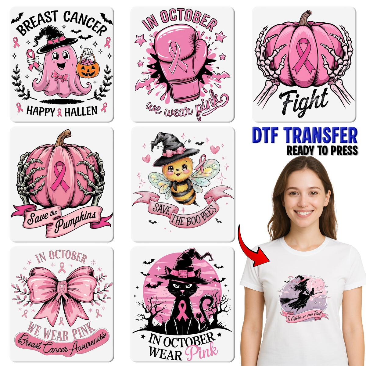 Black Cat Witch Hat Pink Ribbon Halloween DTF Transfer Iron-On for T-Shirt Breast Cancer Awareness Apparel