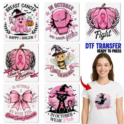 Black Cat Witch Hat Pink Ribbon Halloween DTF Transfer Iron-On for T-Shirt Breast Cancer Awareness Apparel