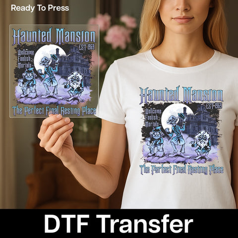 Iron-On Spooky Halloween Gothic Haunted Mansion DTF Transfer Funny Night T-Shirt for Halloween Lovers & Gothic Enthusiasts