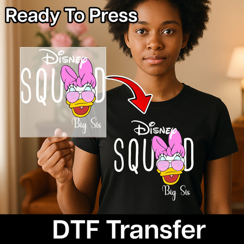 Cute Disney Squad Big Sis DTF Transfer, Iron-On Ready for T-Shirt, Fun Family Disney Tee Design, Perfect for Sisterhood Trip