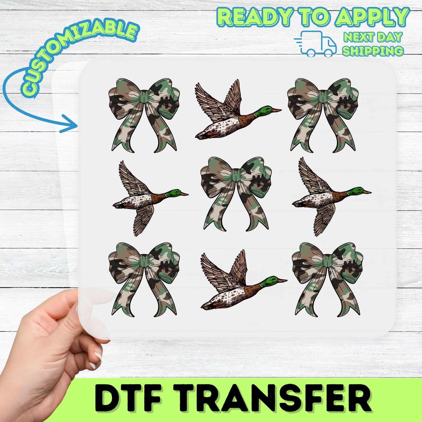 Rustic Outdoors Mallard Ducks & Camouflage Bows DTF Transfer for Hunting Enthusiast Shirts - Nature-Inspired Ready To Press Design