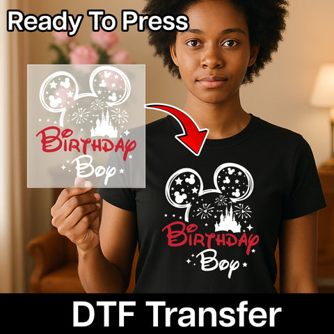 Magical Theme Park Birthday Boy DTF Transfer Ready To Press Iron-On Mouse Ears & Castle Design for Kids T-Shirt & Sweatshirt