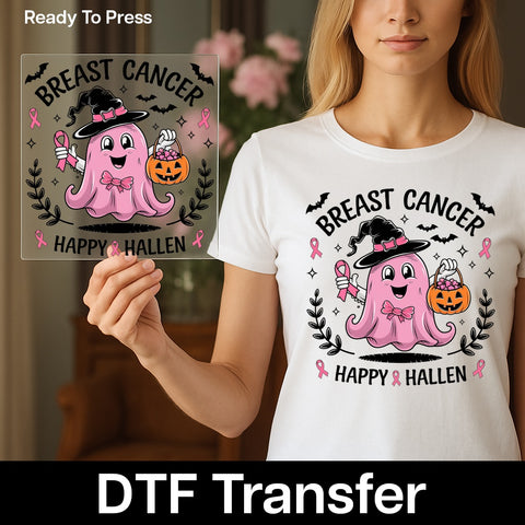 Cute Pink Ghost Breast Cancer Awareness Halloween DTF Transfer for Women's Shirt - Ready To Press Iron-On Design