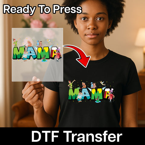 Nostalgic Storybook Mama DTF Transfer for Family Themed Tops - Ready To Press Cartoon Adventure Design