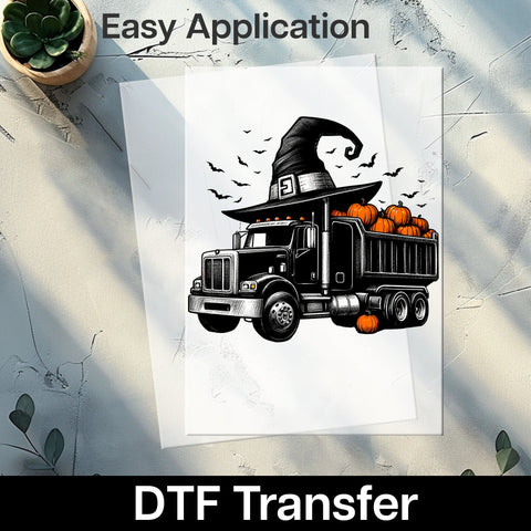 Funny Halloween Truck DTF Transfer | Ready to Press Pumpkin Patch Big Rig Shirt | Cute Witch Hat Vintage Apparel for Halloween Lovers