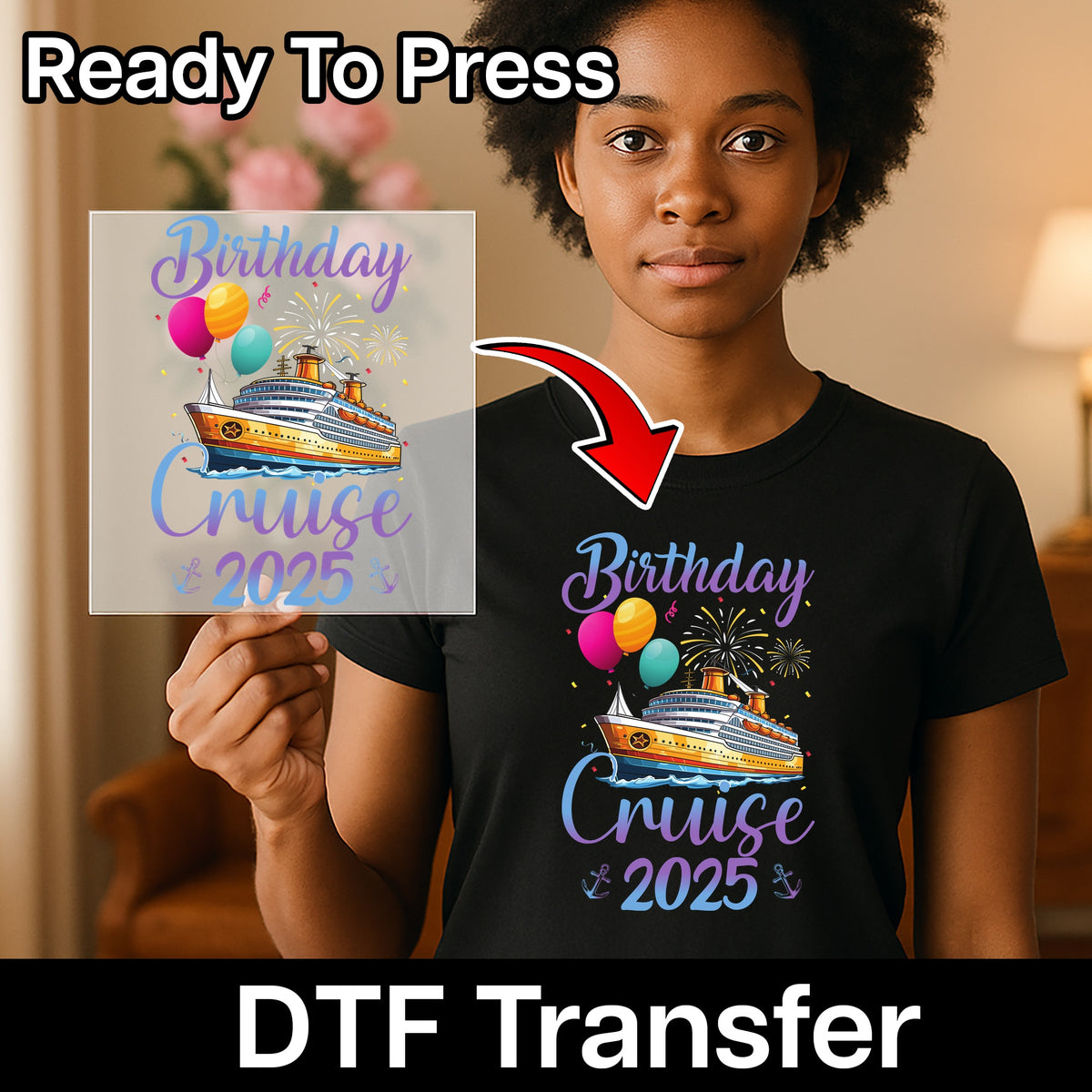 Birthday Cruise 2025 Cute DTF Transfer for Family Shirts Iron-On Ready to Press Party Apparel for Cruise Enthusiasts