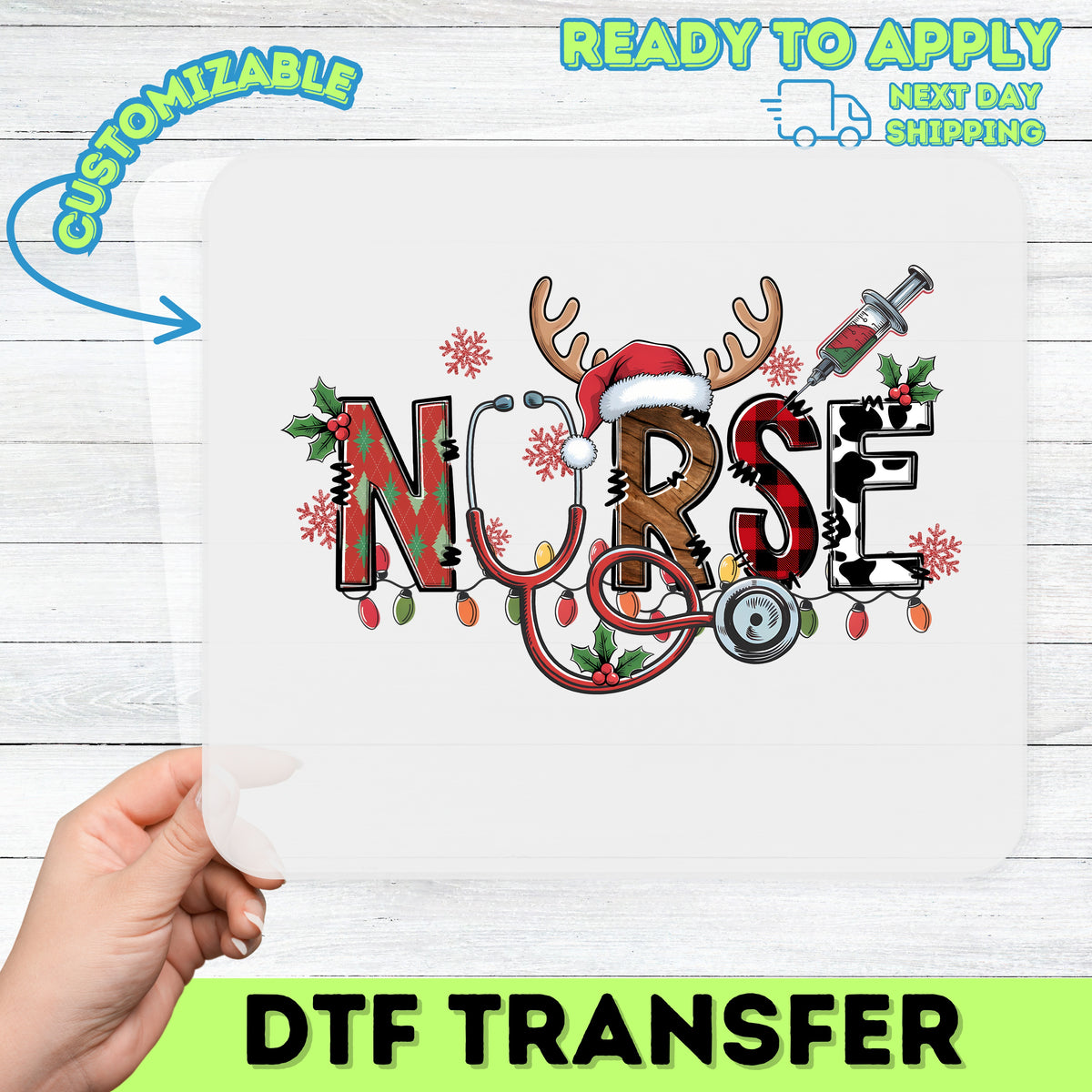 Cute Christmas Nurse DTF Transfer, Ready To Press Holiday NURSE Design, Funny Medical Apparel for Healthcare Professionals