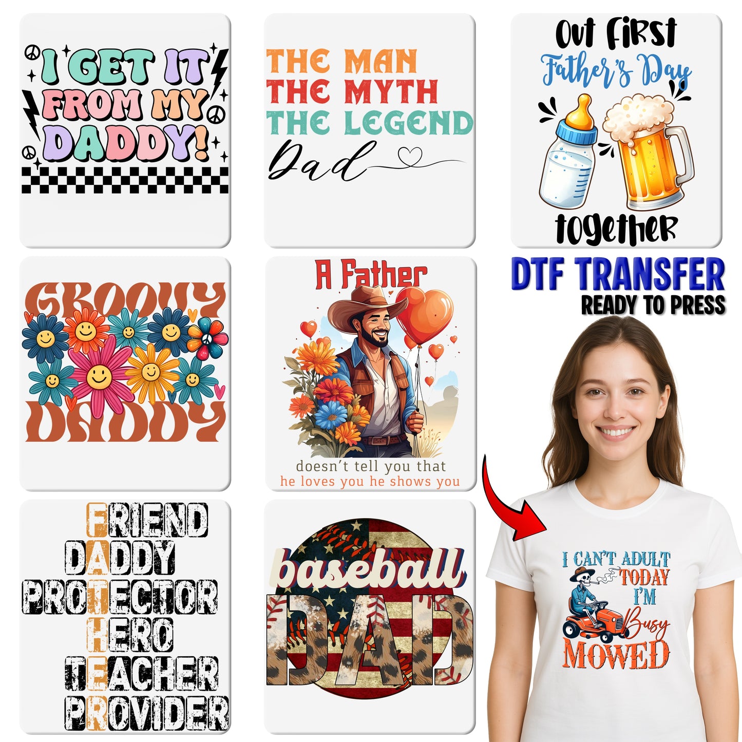 Father's Day funny dtf transfer ready to press iron-on, Dada Daddy Dad Bruh beer mugs retro dad design for men t-shirt & sweatshirt apparel