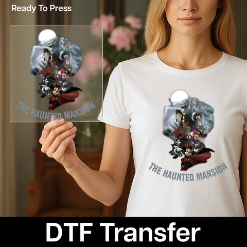 Spooky Halloween DTF Transfer Haunted Mansion Cartoon Iron-On for Family & Groups on T-Shirts & Sweatshirts
