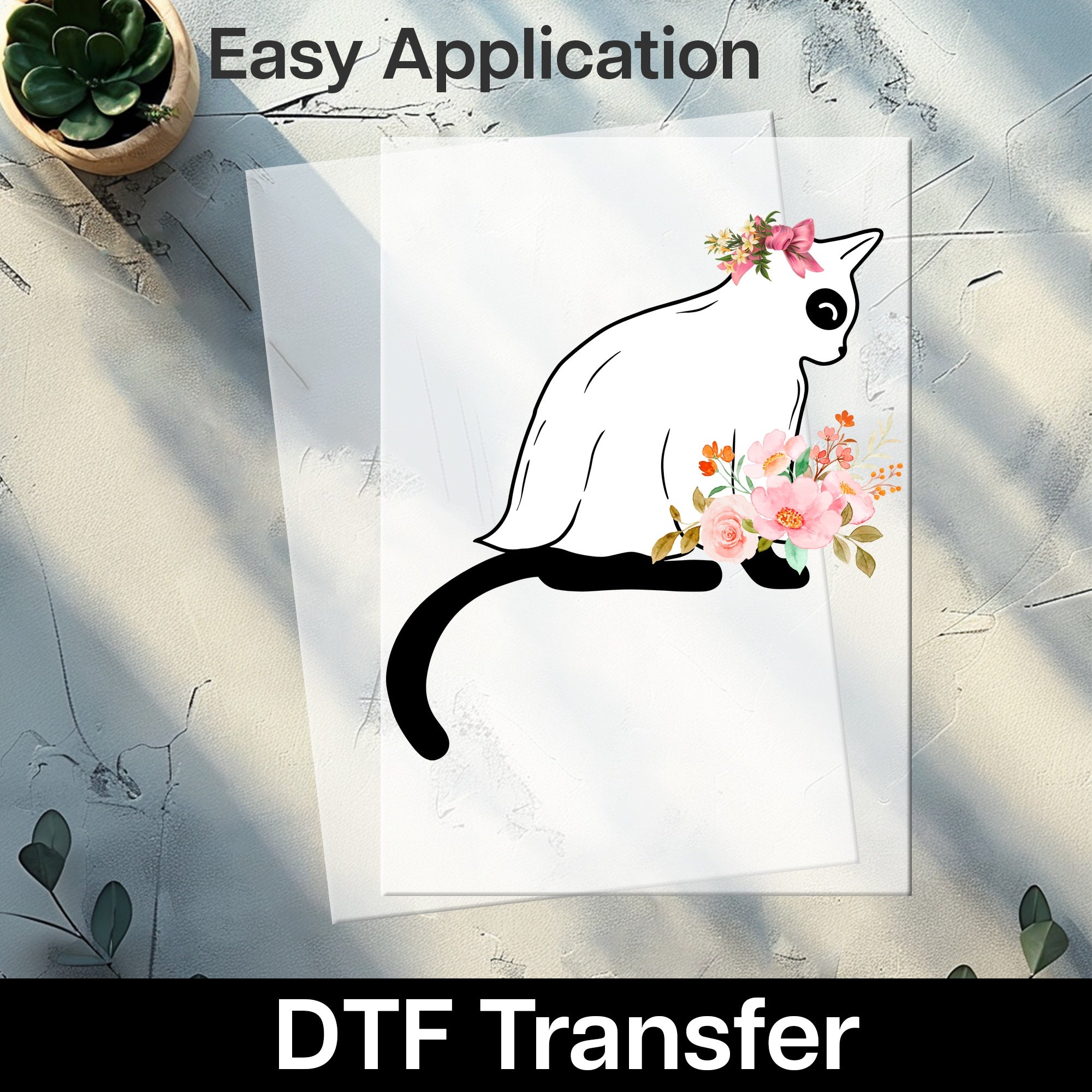 Cute Whimsical Cat Silhouette Floral DTF Transfer for Women & Teens Apparel, Iron-On Ready to Press Nature-Inspired T-Shirt