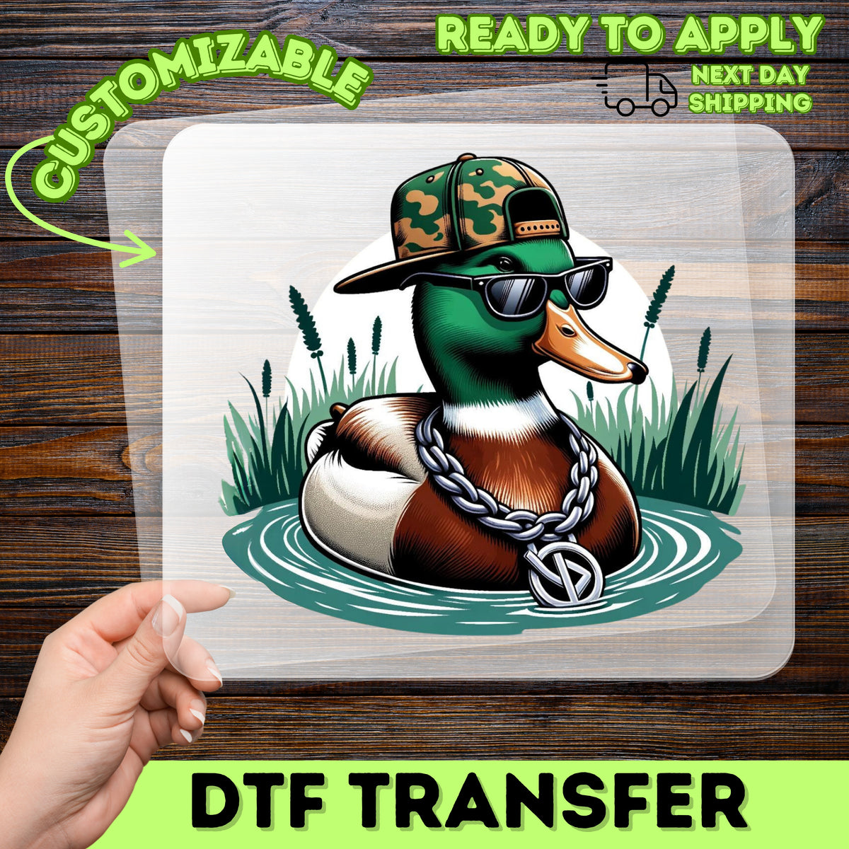 Cool Duck with Sunglasses DTF Transfer for Urban Hip-Hop Animal T-Shirt, Funny Camo Cap Duck Ready To Press Iron-On
