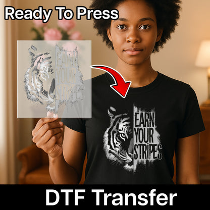 Iron-On Inspirational Tiger DTF Transfer for Team Apparel, Motivational Wildlife Shirt, Ready to Press Bold Urban Design
