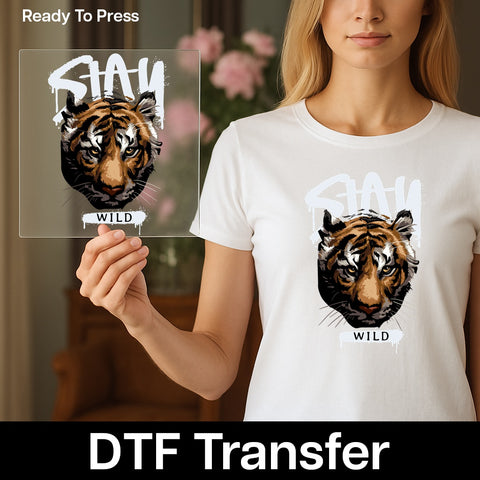 Stay Wild Adventure DTF Transfer Iron-On for Nature Enthusiasts & Animal Lovers, Fierce Tiger Wildlife T-Shirt or Sweatshirt