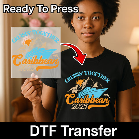 Ready To Press Retro Caribbean Cruise 2025 DTF Transfer for Group Vacation Apparel - Cute Ocean Theme Iron-On for Family Shirts