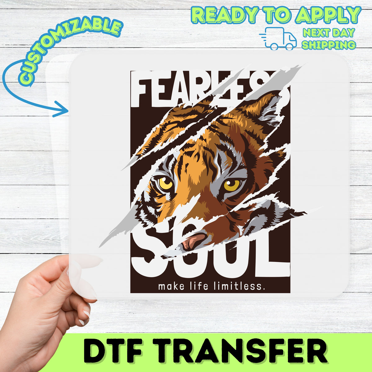Bold Motivational Tiger DTF Transfer for Gym Apparel & Fearless Soul Adventure Tees