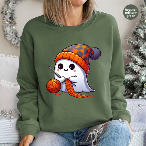 Cute Funny Halloween Knitting Ghost DTF Transfer Design for T-Shirts & Apparel - Ready To Press Iron-On Art