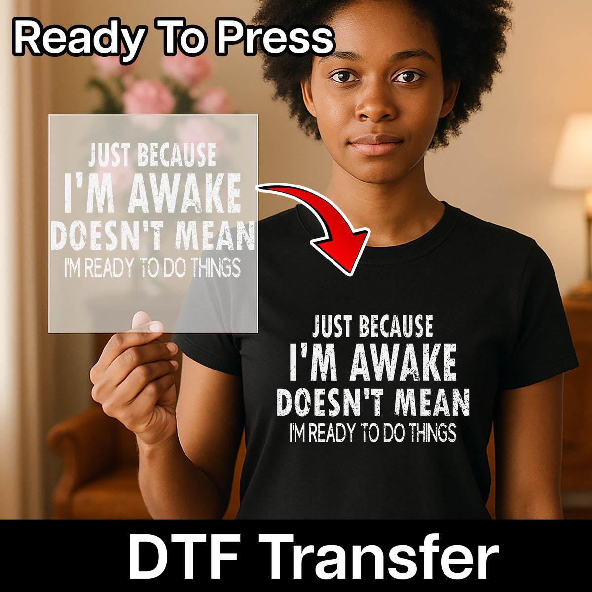 Sarcastic Apathy Morning Humor DTF Transfer, Ready To Press Iron-On T-Shirt Design for Coffee Lovers & Lazy Day Apparel