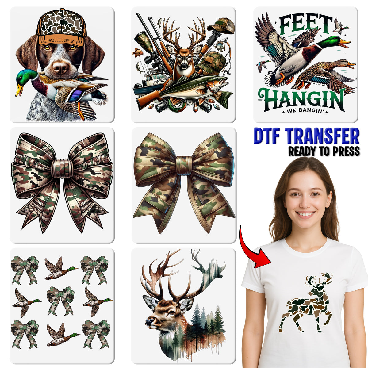 Camouflage Bow DTF Transfer for Outdoor Enthusiasts & Military Families - Realistic Army Green Nature Print for Apparel