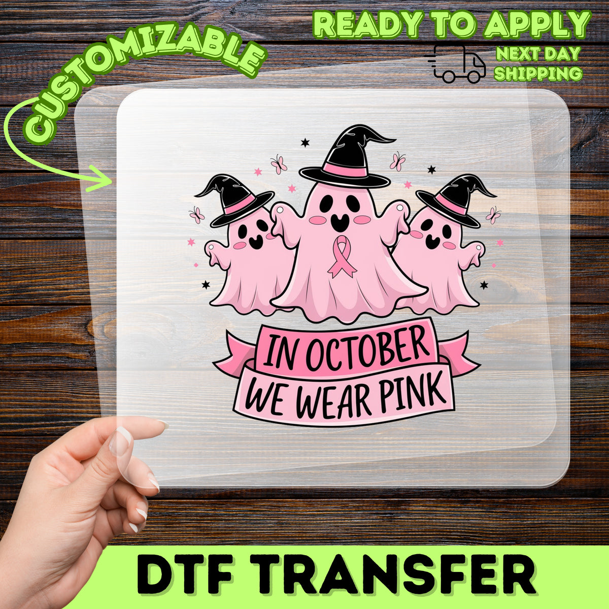 Cute Ghosts with Witch Hats & Pink Ribbon DTF Transfer for Halloween Breast Cancer Awareness Shirts