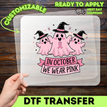 Cute Ghosts with Witch Hats & Pink Ribbon DTF Transfer for Halloween Breast Cancer Awareness Shirts
