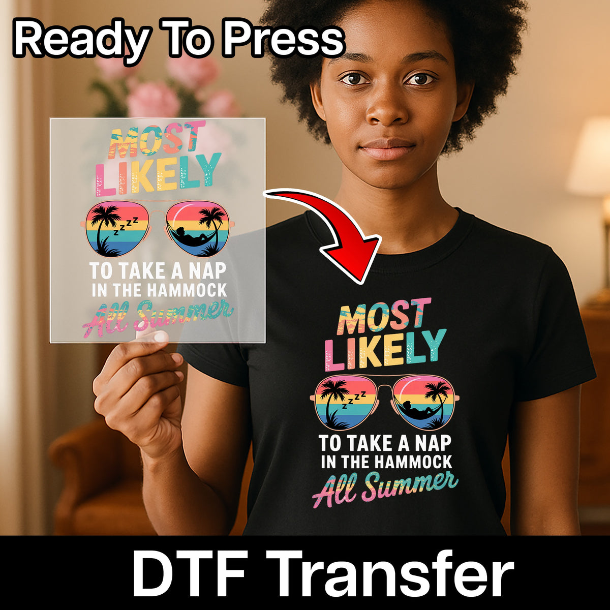 Retro Summer Humor DTF Transfer for Laid-Back Beach Vacation T-Shirt, Funny Lazy Hammock Design Iron-On for Group Getaways