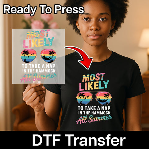 Retro Summer Humor DTF Transfer for Laid-Back Beach Vacation T-Shirt, Funny Lazy Hammock Design Iron-On for Group Getaways