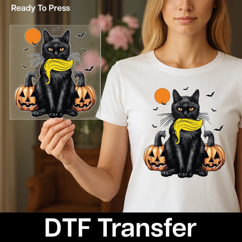 Cute Halloween Black Cat & Pumpkin DTF Transfer Ready to Press for Funny Iron-On Halloween Shirt & Sweatshirt