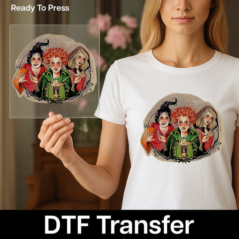 Retro Halloween Cute Classic Witch Trio DTF Transfer Ready To Press Iron-On for Nostalgic Party Shirts & Apparel