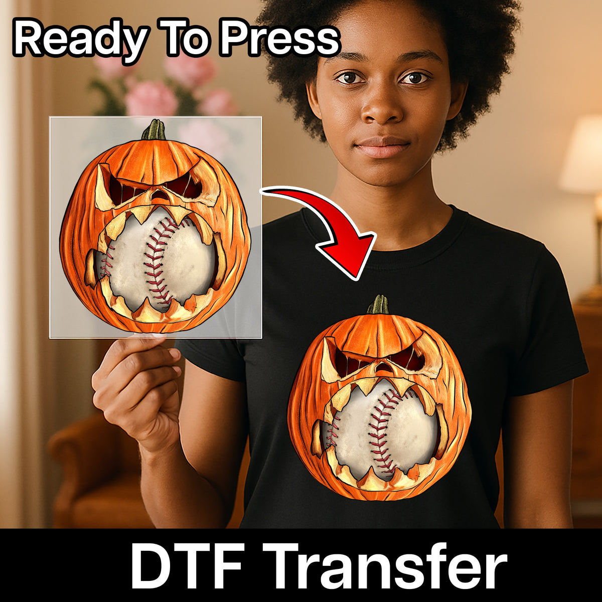 Cute Halloween Pumpkin Baseball DTF Transfer Ready To Press Iron-On for Funny Sports Enthusiast Shirt