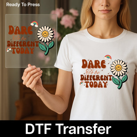 Retro Flower & Rainbow Inspirational DTF Transfer for Group Apparel - Dare to be Different Motivational Shirt Design