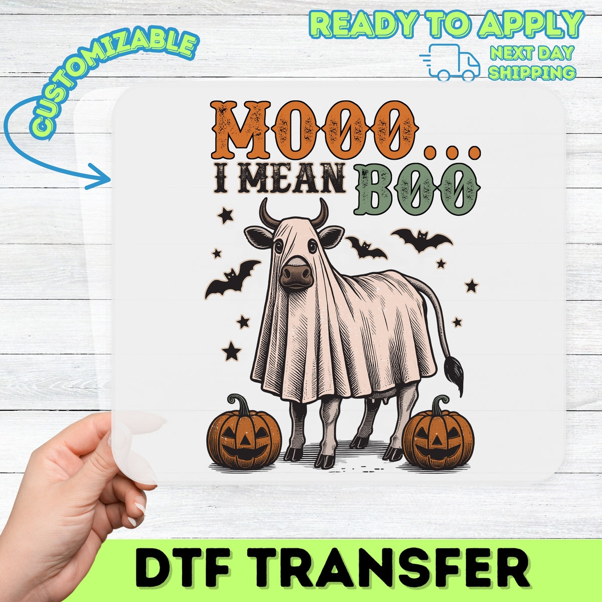 Funny Cow Ghost Halloween DTF Transfer | Ready to Press Cute Farm Animal Halloween Iron-On for Family Group Apparel