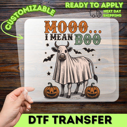 Funny Cow Ghost Halloween DTF Transfer | Ready to Press Cute Farm Animal Halloween Iron-On for Family Group Apparel