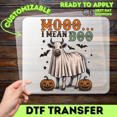 Funny Cow Ghost Halloween DTF Transfer | Ready to Press Cute Farm Animal Halloween Iron-On for Family Group Apparel