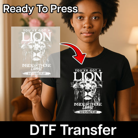 Religious Lion Design Inspirational DTF Transfer Iron On Ready To Press Christian Group Apparel Motivational Faith Tee
